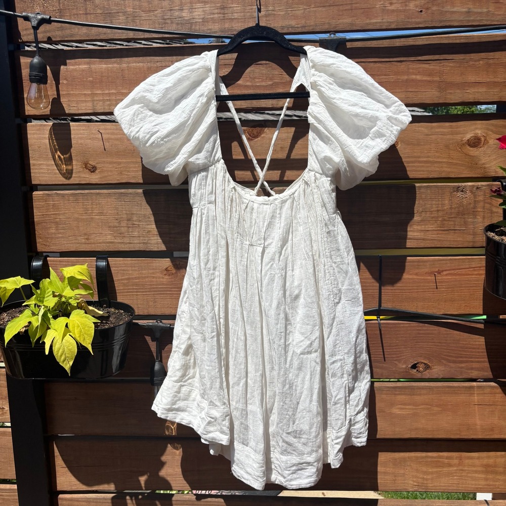 Free People Mini Dress Womens Medium White Excellent Puff Sleeve Open Back